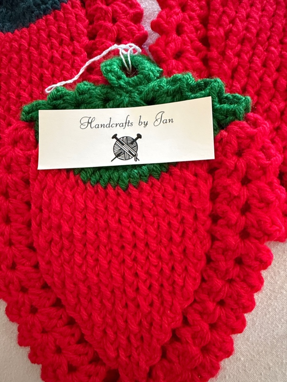 Three Handmade Red Crochet Strawberry Pot Holders with Green Tops - Picture 2 of 5